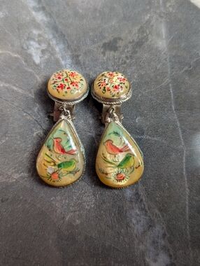 Vtg MOP Persian Hand-Painted Bird Drop Earrings - Yellow & Green